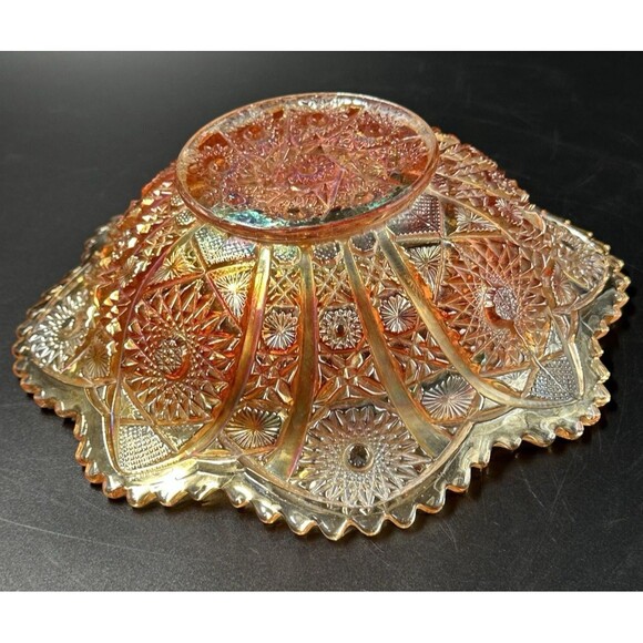Vintage Iridescent Amber Sunflower Orange Carnival Glass Bowl Scalloped Edges - Picture 7 of 11